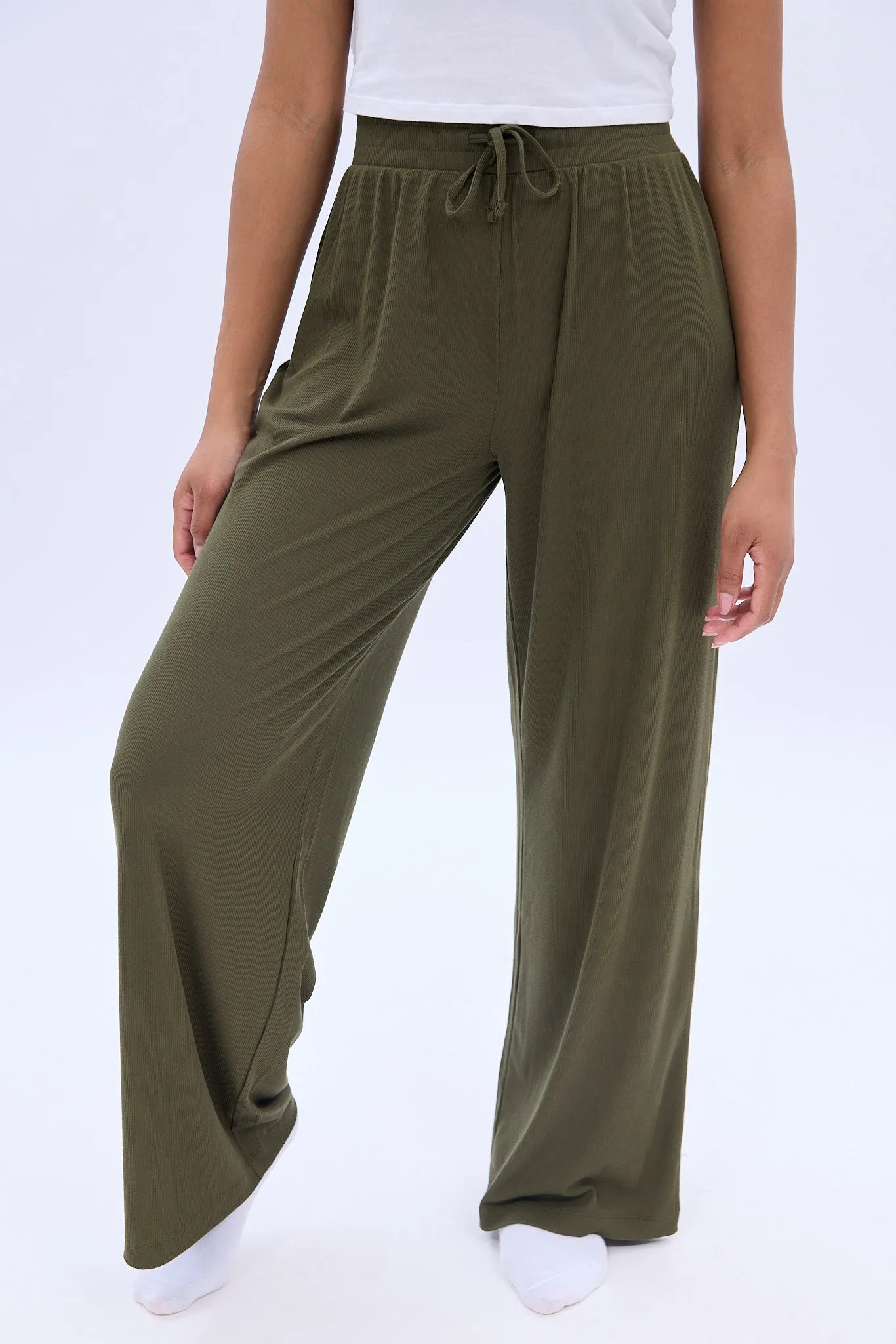 Mid Rise Super Soft Ribbed Wide Leg Pajama Pant