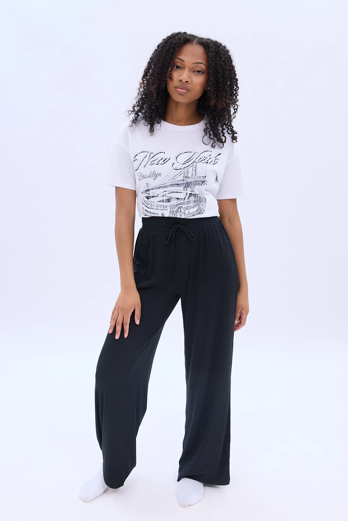 Mid Rise Super Soft Ribbed Wide Leg Pajama Pant