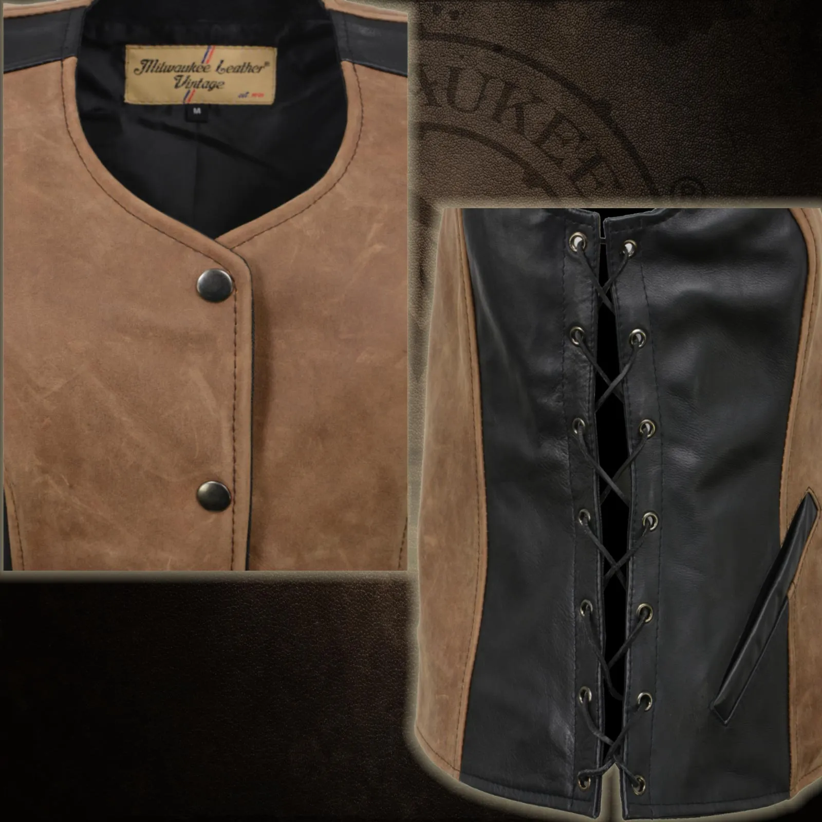 Milwaukee Leather MLL4508 Women's 'Trickster' Vintage Two Tone Crazy Horse Brown and Black Leather Club Style Motorcycle Vest