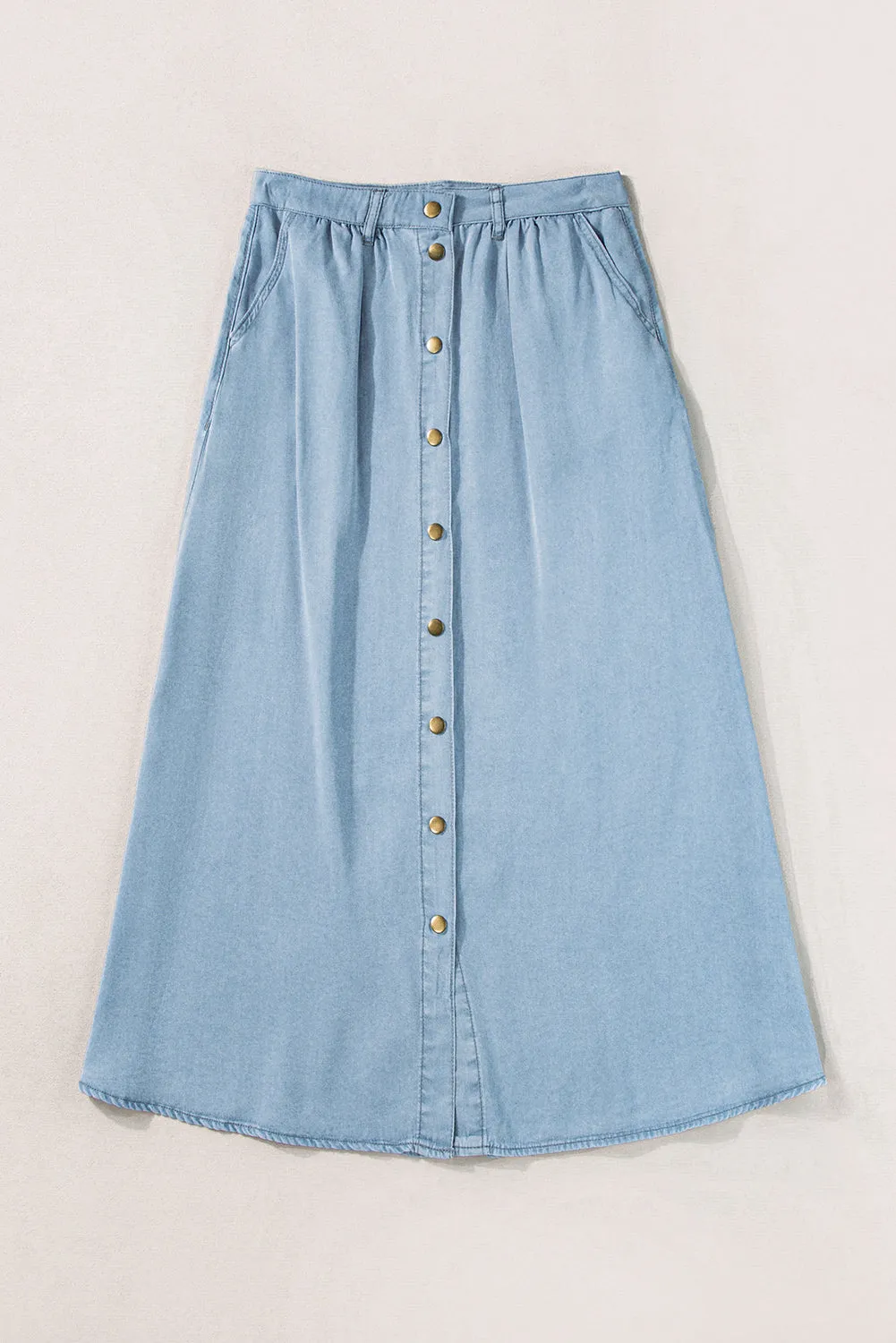 Mist Blue Fully Buttoned Long Denim Skirt