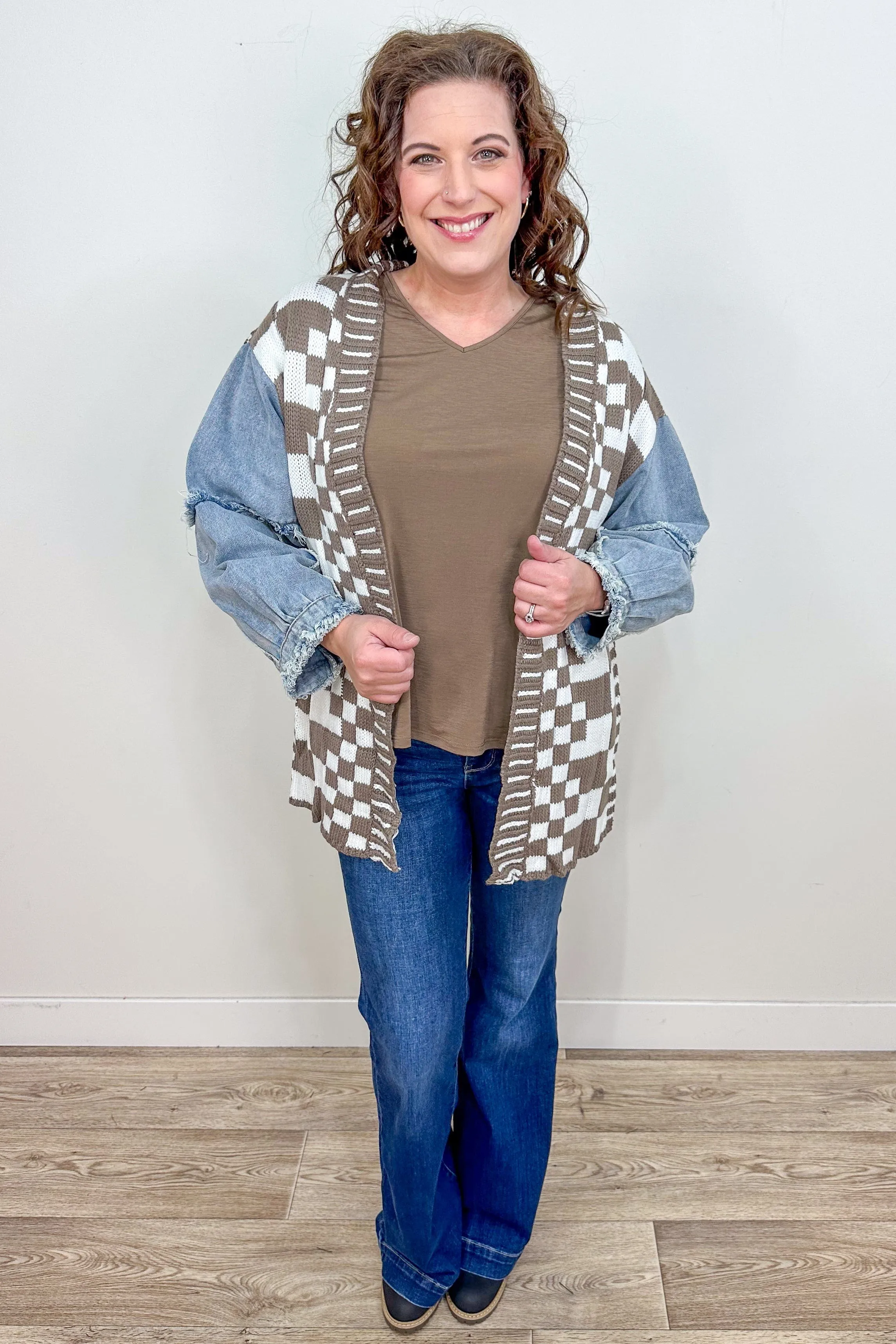 Mocha Gingham & Washed Denim Cardigan