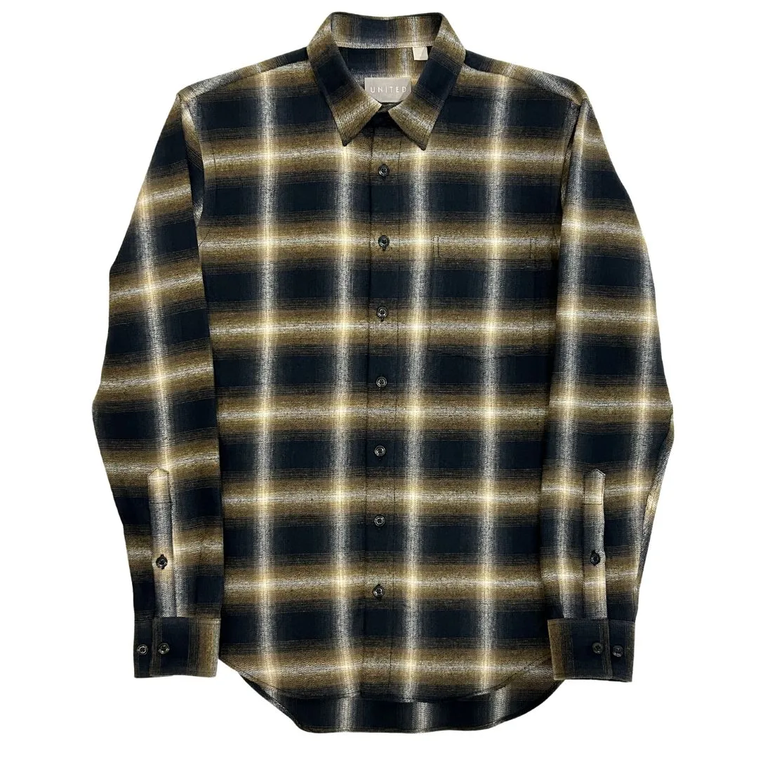 Navy Gold Plaid Brushed Twill Cotton Shirt