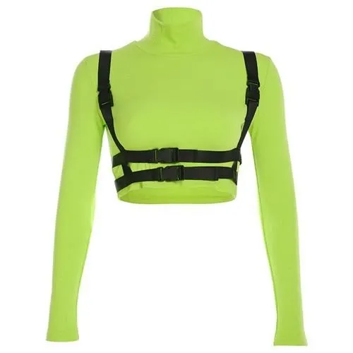 Neon Color Autumn Patchwork Buckle Safari Style Turtleneck Long Sleeve Crop Top Long Sleeve