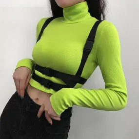 Neon Color Autumn Patchwork Buckle Safari Style Turtleneck Long Sleeve Crop Top Long Sleeve