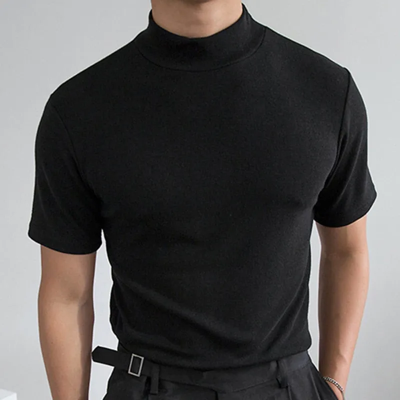 New Tight Fashion T-shirt Casual Streetwear High-neck Solid Color Short-sleeved Bottoming Shirt S-5XL  Summer