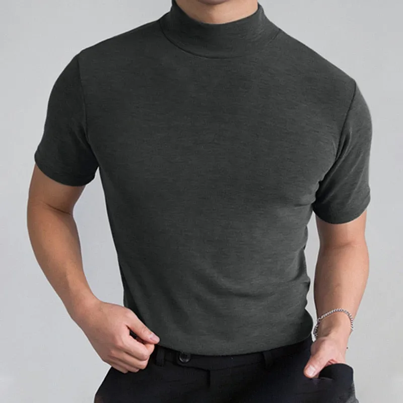 New Tight Fashion T-shirt Casual Streetwear High-neck Solid Color Short-sleeved Bottoming Shirt S-5XL  Summer