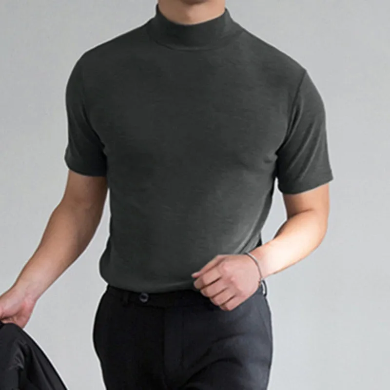 New Tight Fashion T-shirt Casual Streetwear High-neck Solid Color Short-sleeved Bottoming Shirt S-5XL  Summer