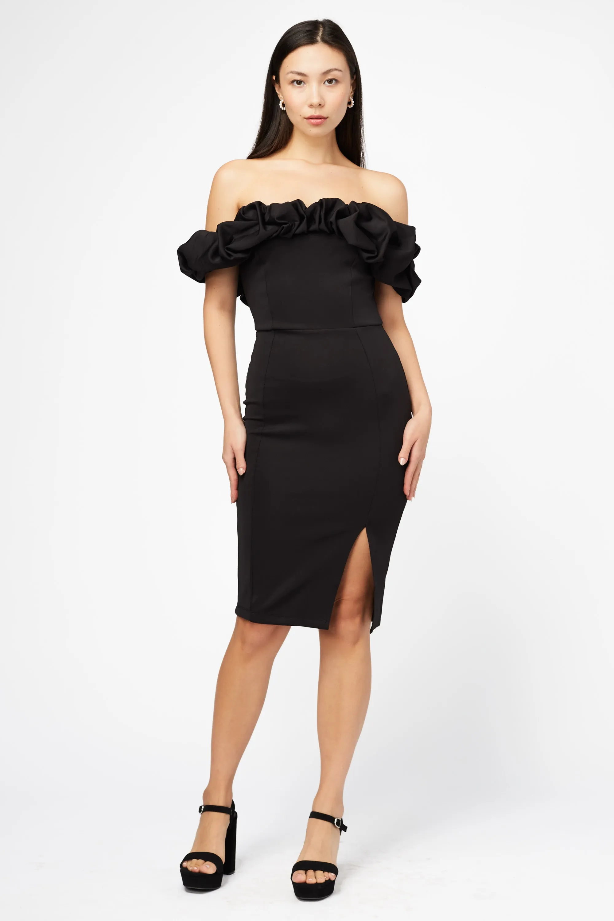 Off The Shoulder Ruffle Trim Midi Dress