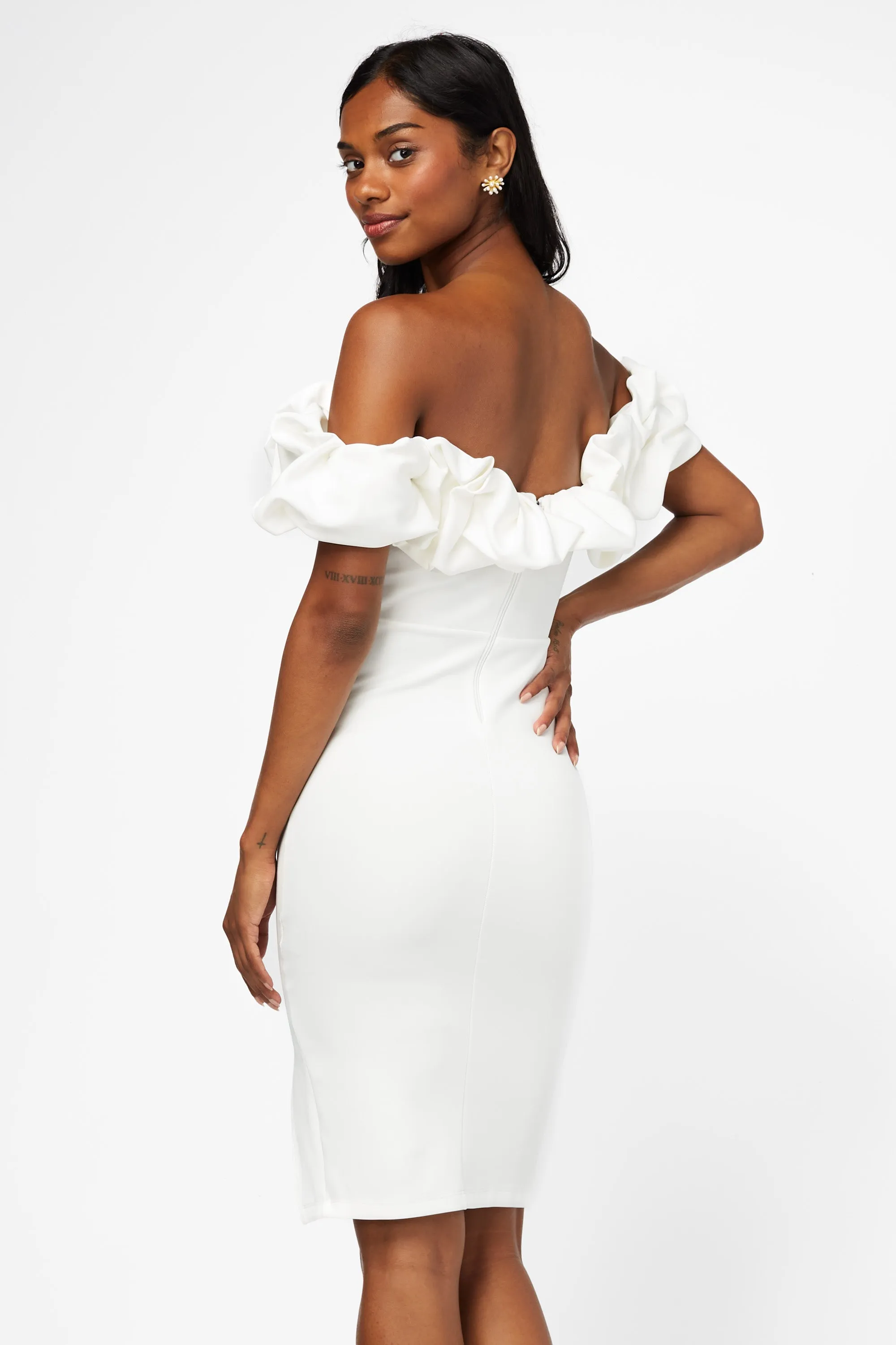 Off The Shoulder Ruffle Trim Midi Dress