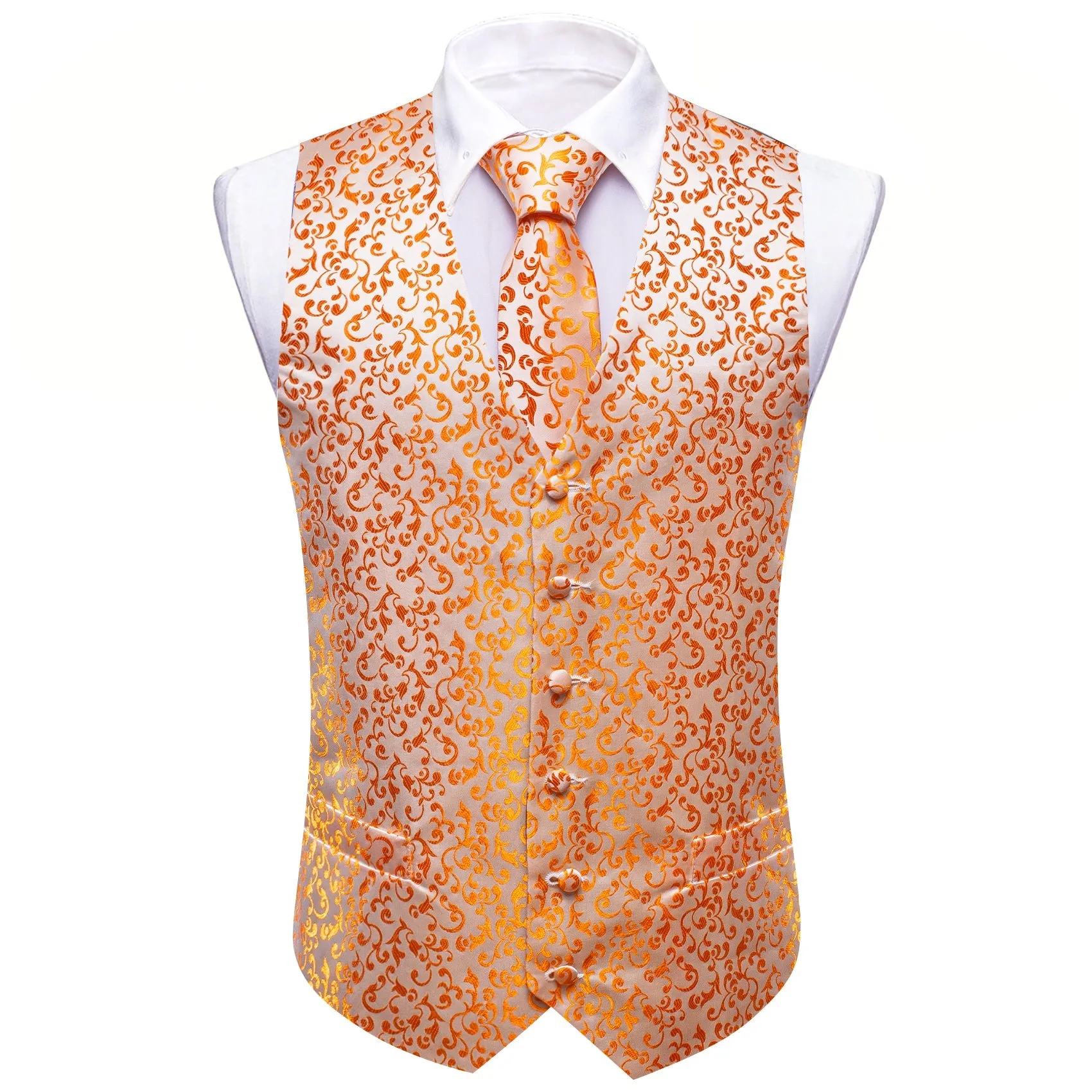 Orange Floral Silk Luxury Men's Vest Hanky Cufflinks Tie Set