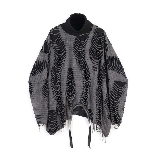 Oversize Double Layers Hollow Out Streetwear Loose Style Men Pullover