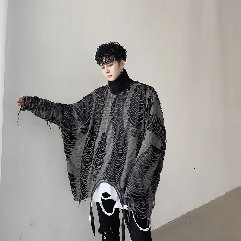 Oversize Double Layers Hollow Out Streetwear Loose Style Men Pullover