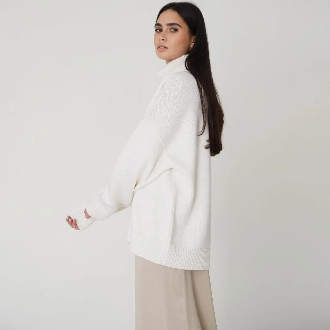 Oversized Rib Knit High Low Turtleneck Long Sleeve Sweater - White