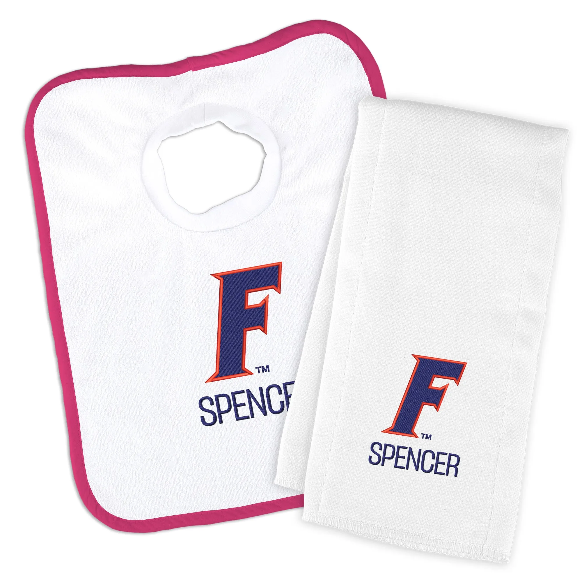 Personalized Florida Gators Slanted F Bib and Burp Cloth Set