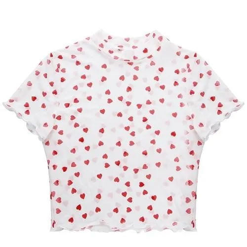 Pink Kawaii Cropped Top Heart Print Cute Short Sleeve Sexy Mesh Summer T Shirt