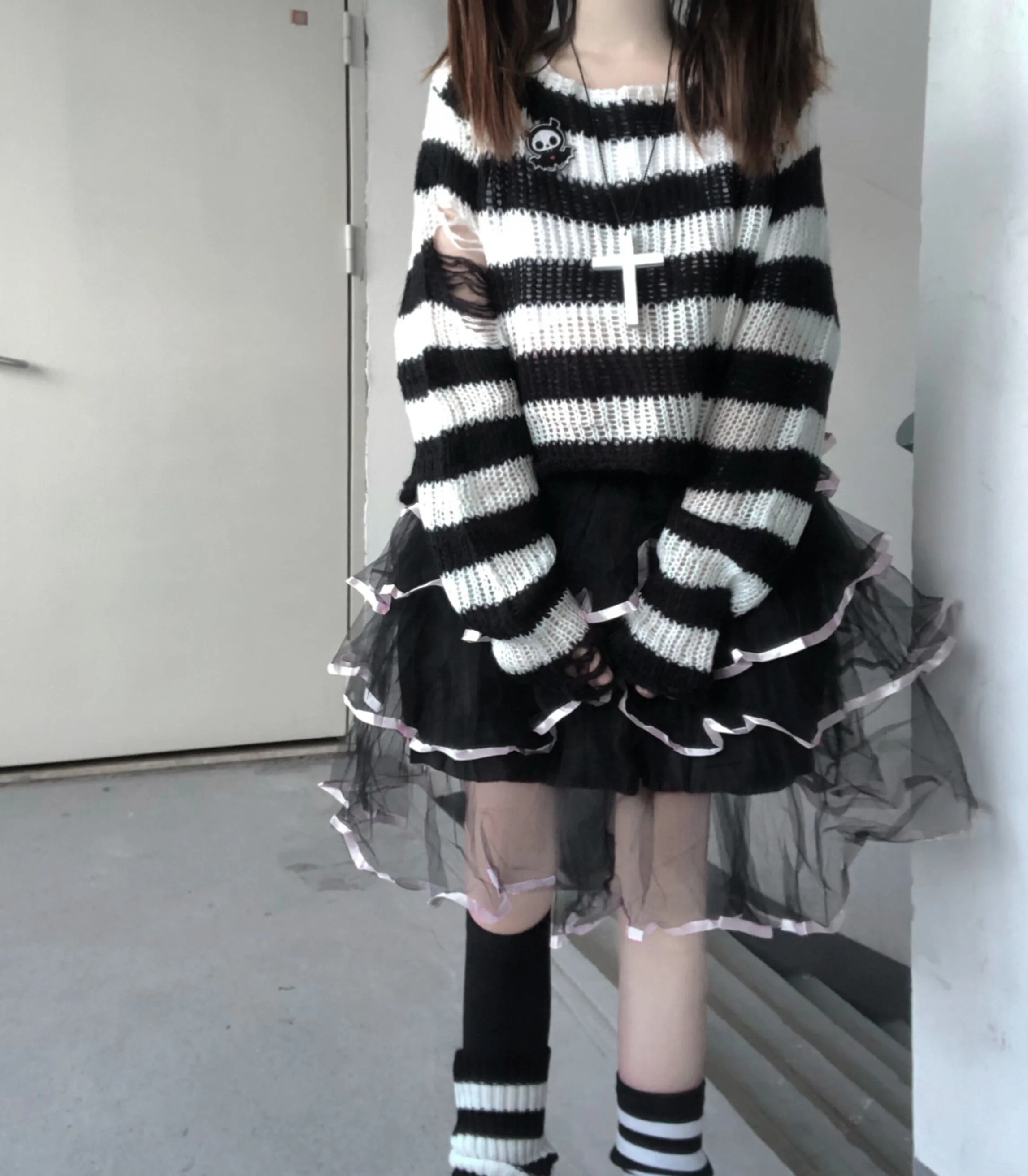 Pink Striped Gothic Sweaters Women Ripped Holes Loose Knitted Pullover Frayed Fairy Grunge Jumpers Emo Streetwear Lolita