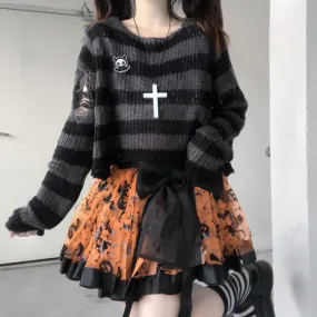 Pink Striped Gothic Sweaters Women Ripped Holes Loose Knitted Pullover Frayed Fairy Grunge Jumpers Emo Streetwear Lolita