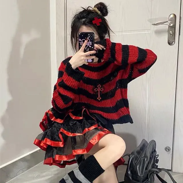 Pink Striped Gothic Sweaters Women Ripped Holes Loose Knitted Pullover Frayed Fairy Grunge Jumpers Emo Streetwear Lolita