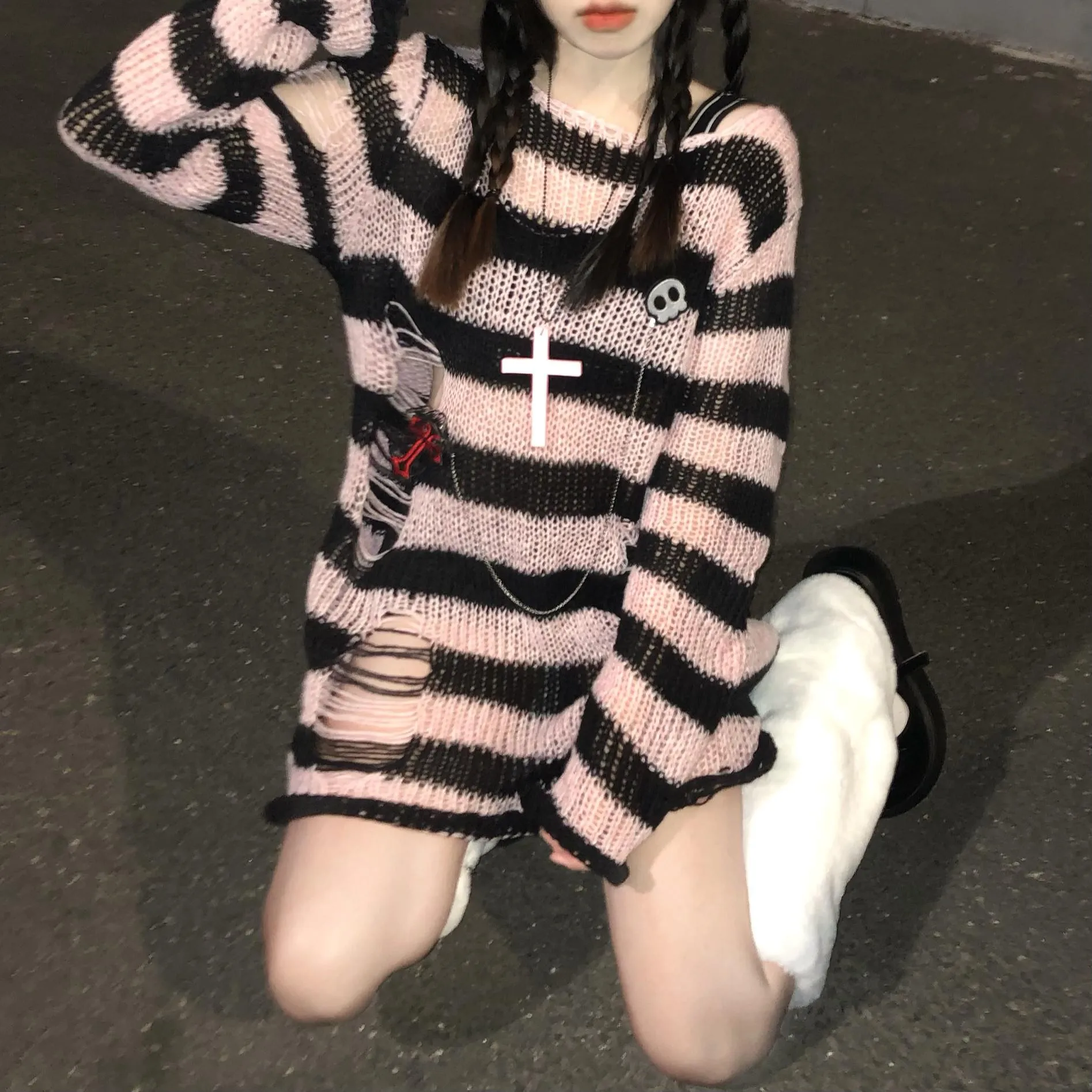 Pink Striped Gothic Sweaters Women Ripped Holes Loose Knitted Pullover Frayed Fairy Grunge Jumpers Emo Streetwear Lolita