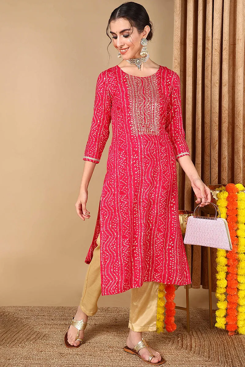 Pink Viscose Rayon Bandhani Embroidered Straight Kurta