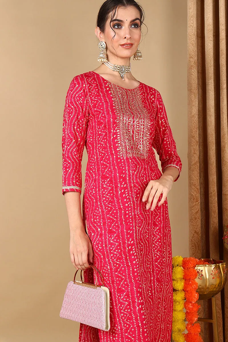 Pink Viscose Rayon Bandhani Embroidered Straight Kurta