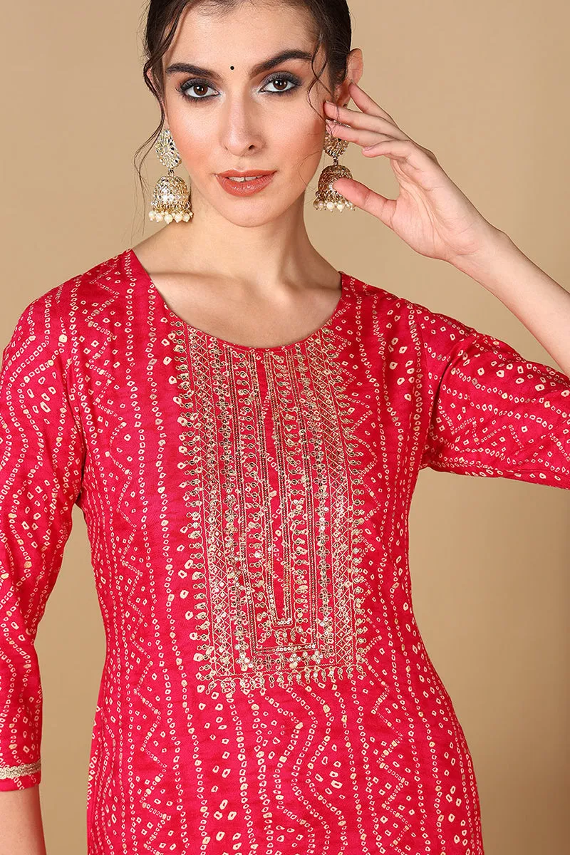 Pink Viscose Rayon Bandhani Embroidered Straight Kurta