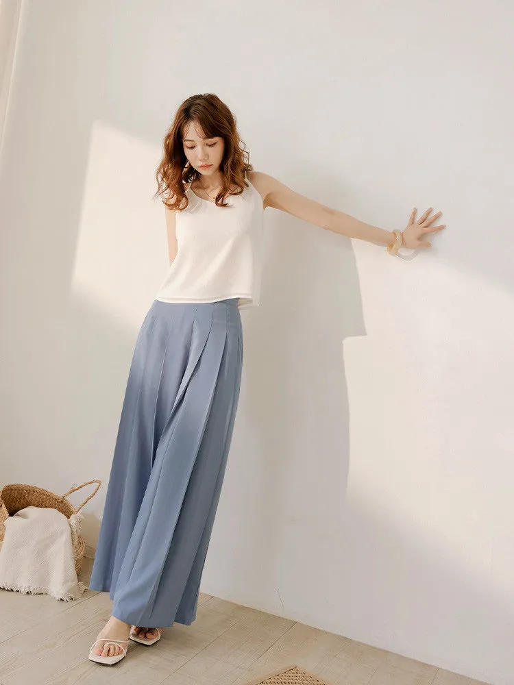 Pleated Wide Leg Elastic Waist Long Culottes Pants Trousers