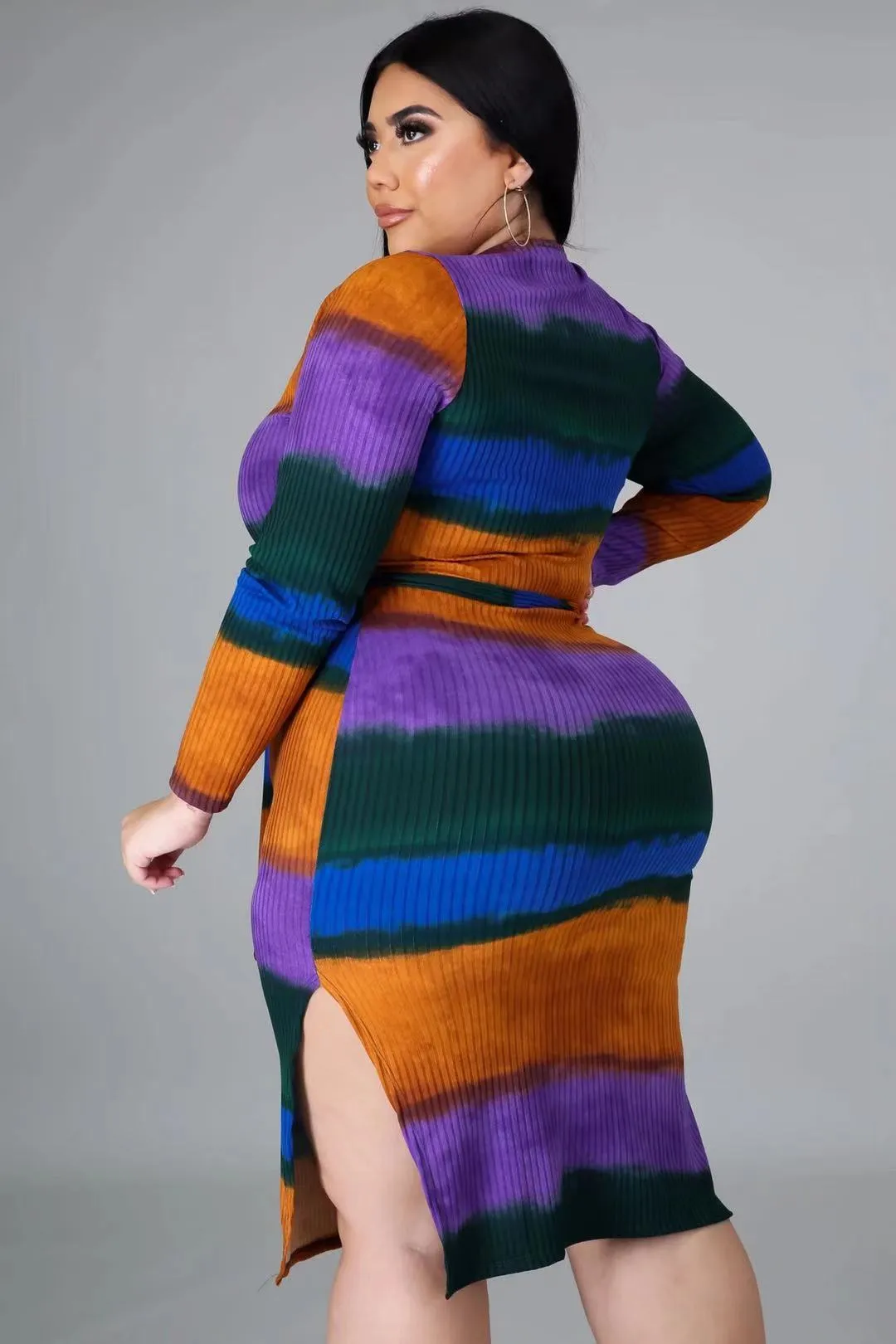 Plus Size Long Sleeve Colorful Dress