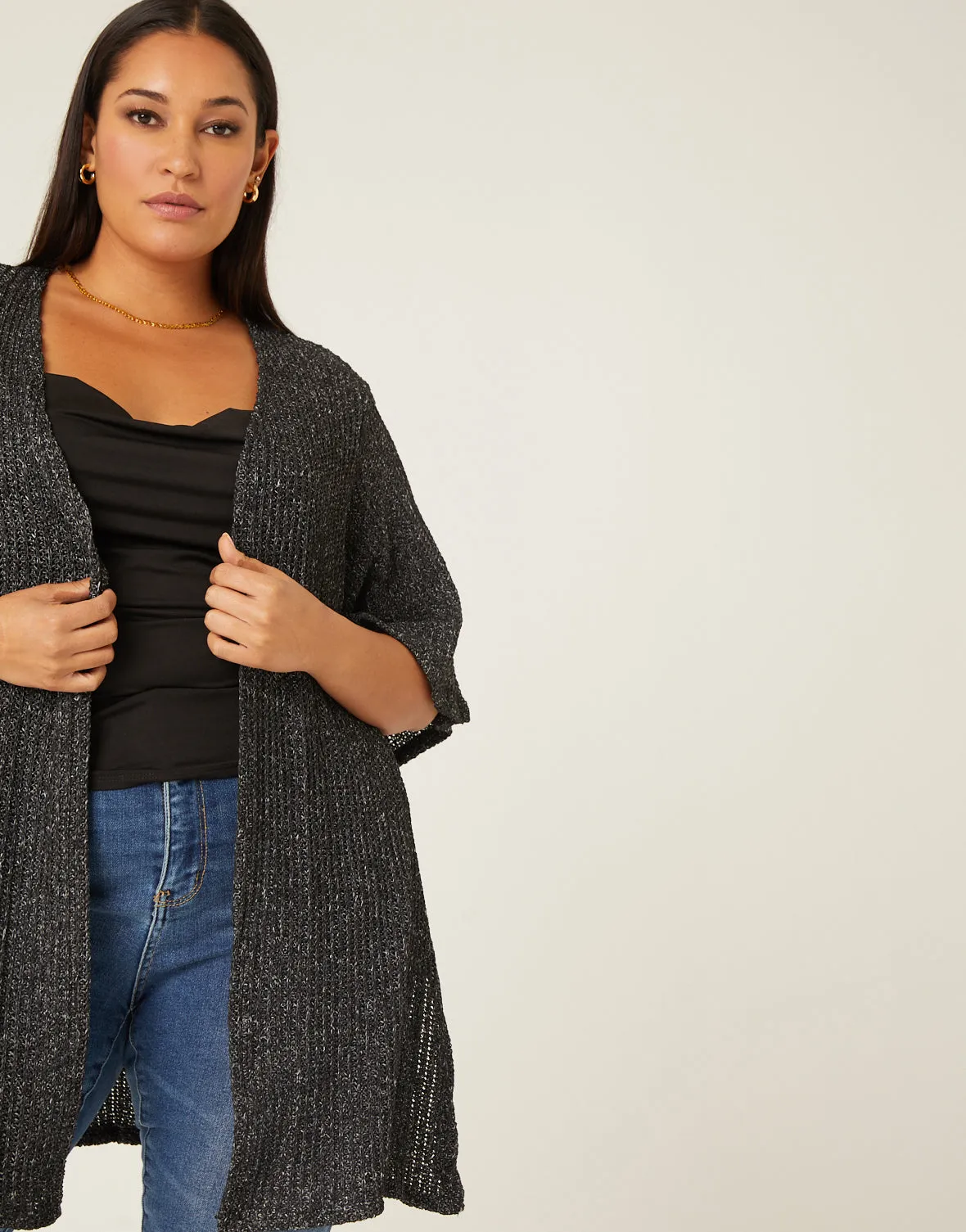 Plus Size Open Front Knit Cardigan