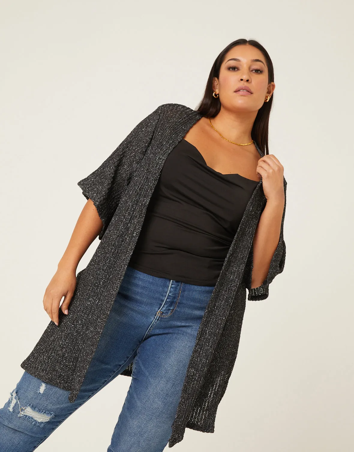 Plus Size Open Front Knit Cardigan