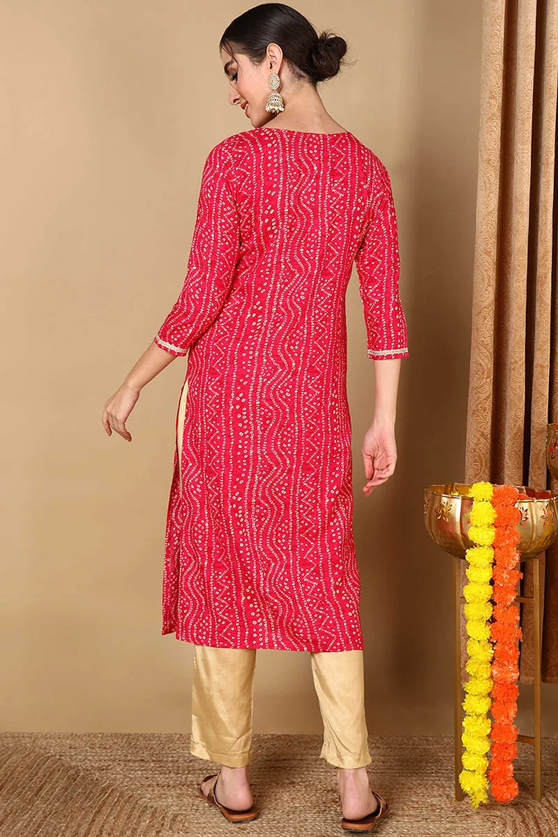 Plus Size Pink Viscose Rayon Bandhani Embroidered Straight Kurta