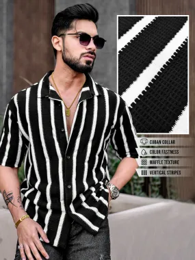 Popcorn Knit Vertical Stripe Black Shirt