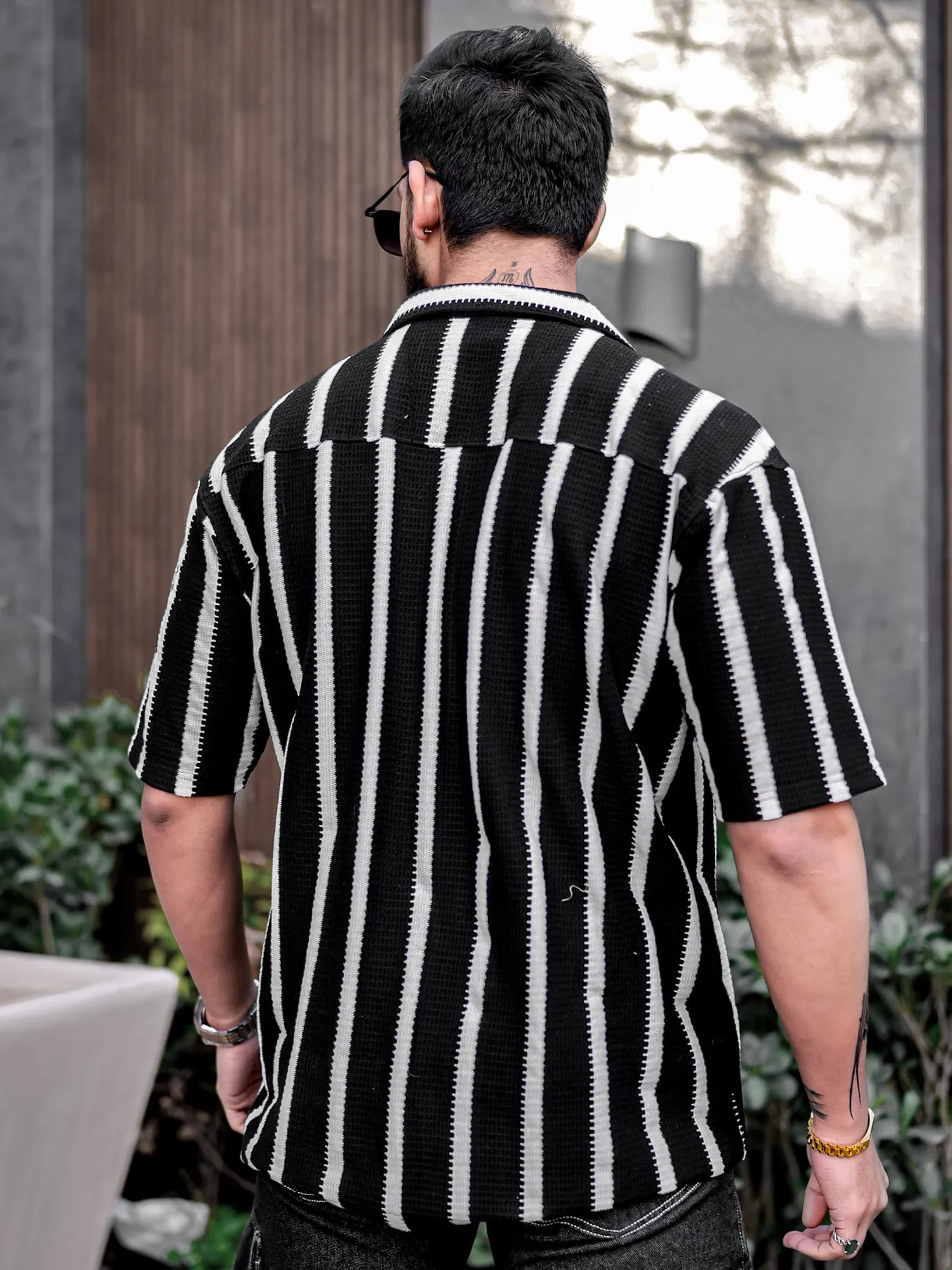 Popcorn Knit Vertical Stripe Black Shirt