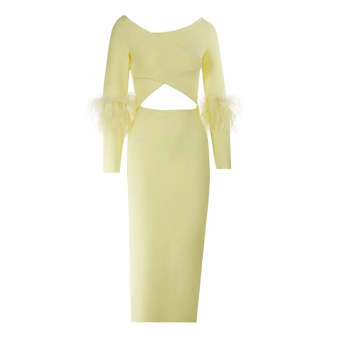 Pre Order:  Yellow Long Sleeved Elastic Feather Cuffs Bandage Dress