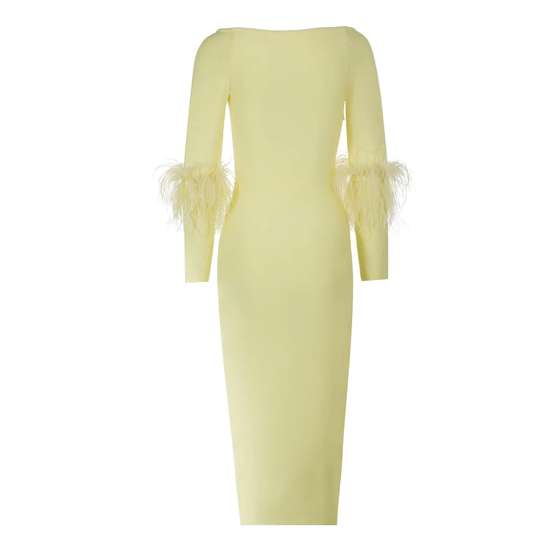 Pre Order:  Yellow Long Sleeved Elastic Feather Cuffs Bandage Dress