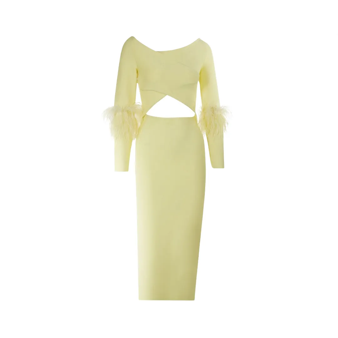 Pre Order:  Yellow Long Sleeved Elastic Feather Cuffs Bandage Dress