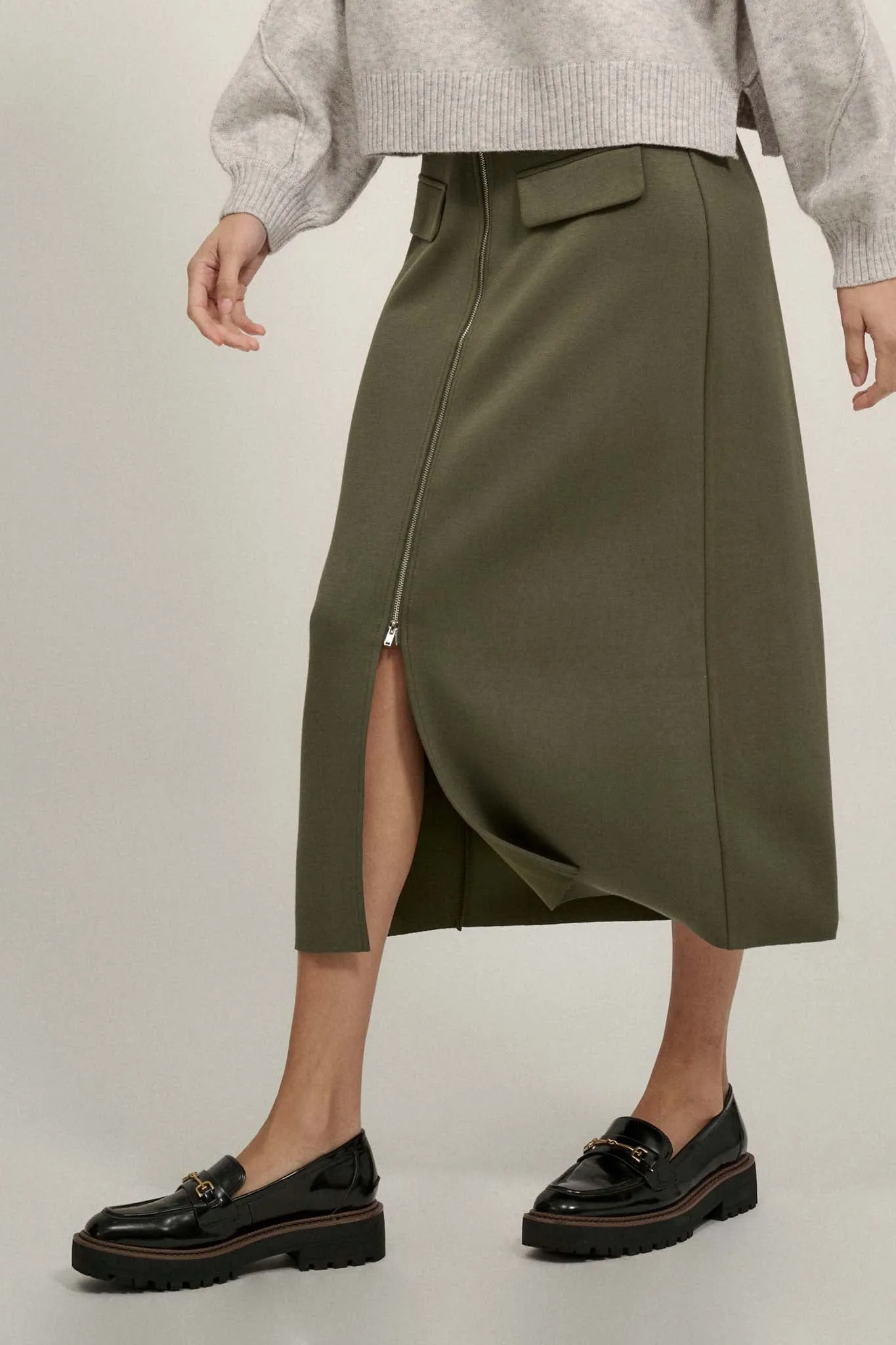 Premium Scuba Zip-Front Midi Skirt