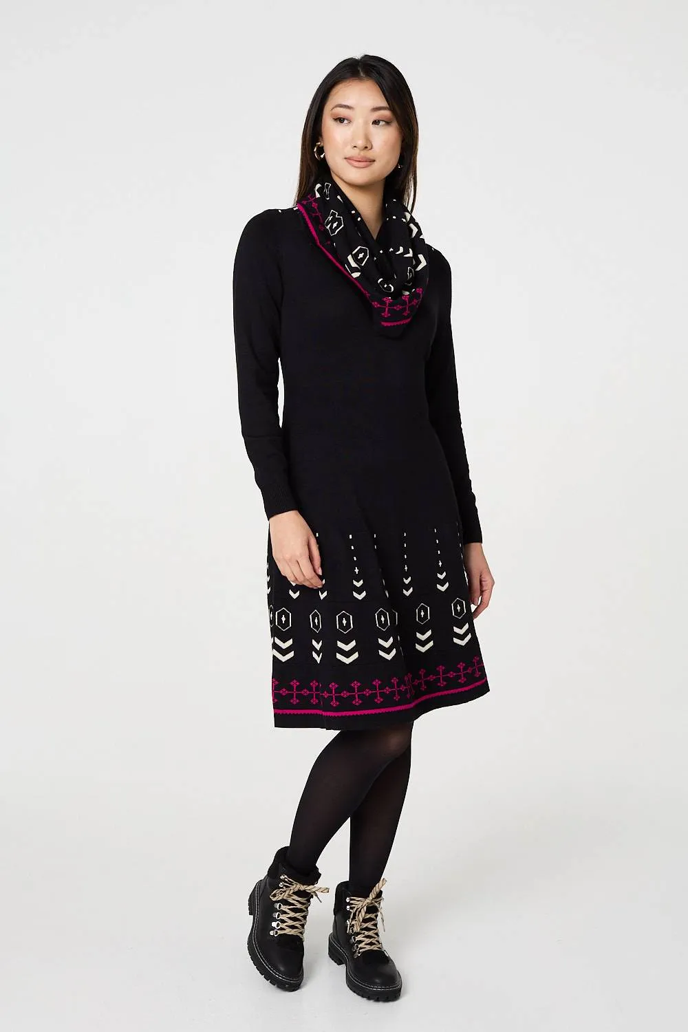 Printed Knit Dress With Removable Scarf