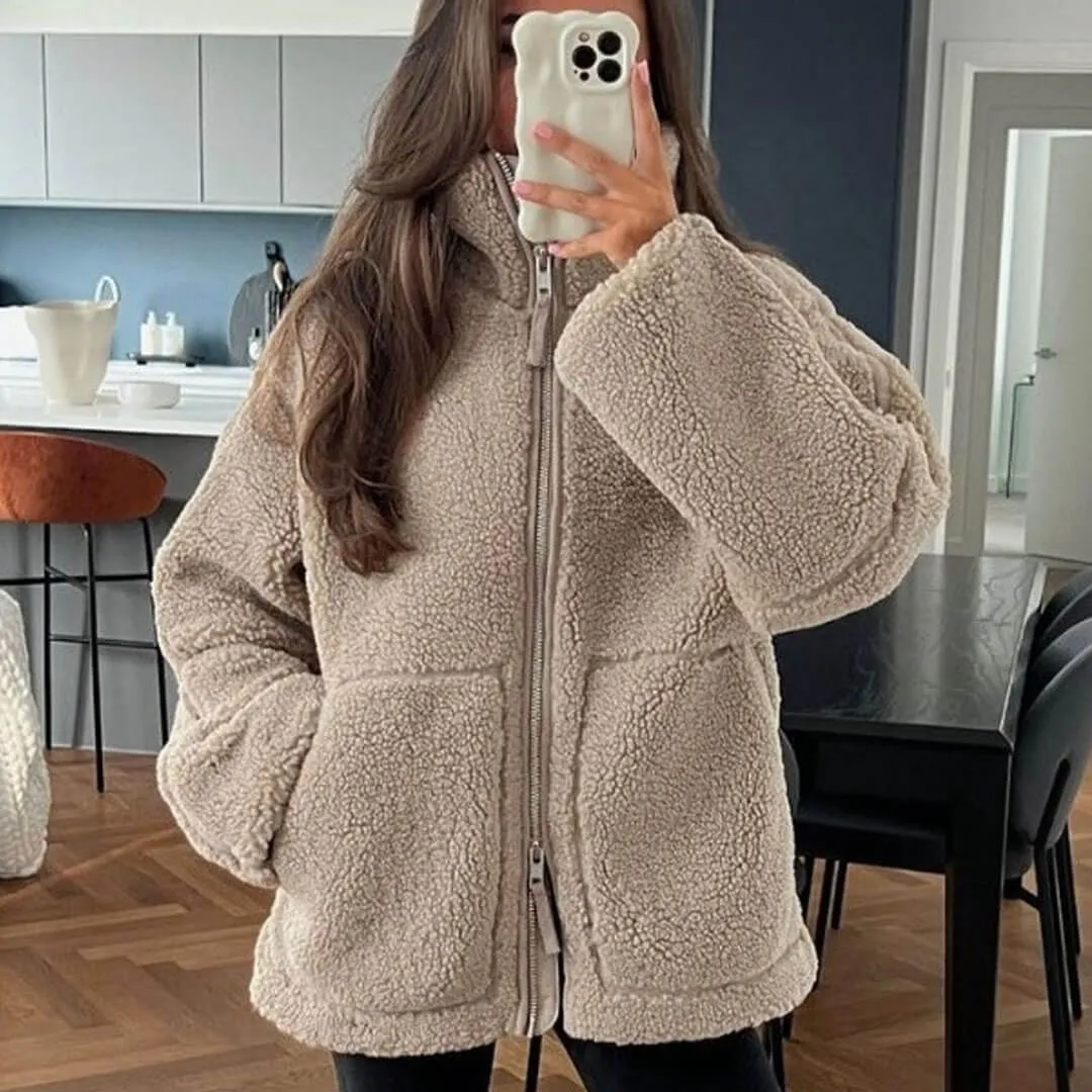 Puffy High Collar Two Way Zip Up Cargo Pocket Long Sleeve Teddy Fleece Jacket