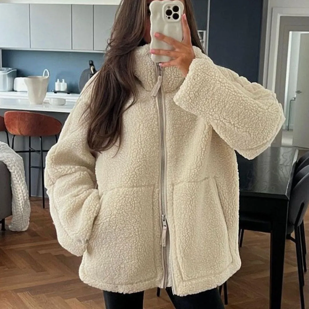 Puffy High Collar Two Way Zip Up Cargo Pocket Long Sleeve Teddy Fleece Jacket