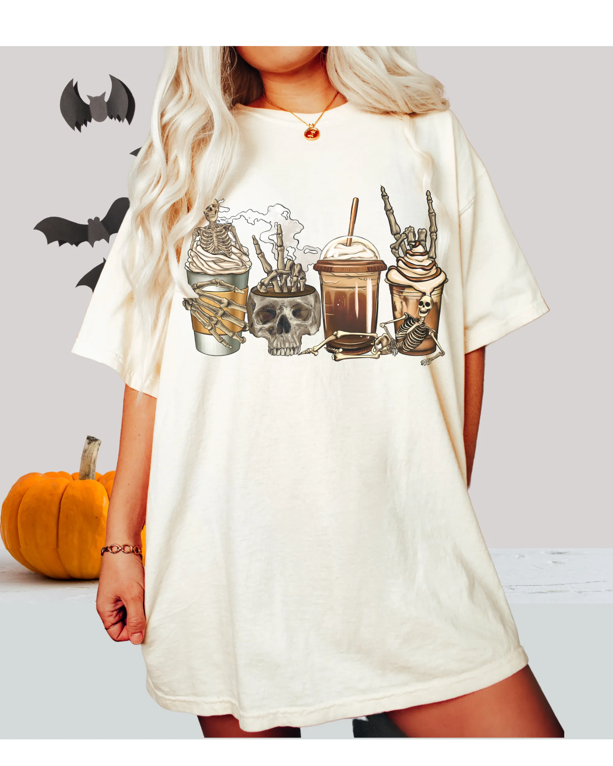 Pumpkin Spice Coffee Halloween Spooky Season Comfort Colors® Halloween T-Shirt, Women's Skeletons and Skulls T-Shirt