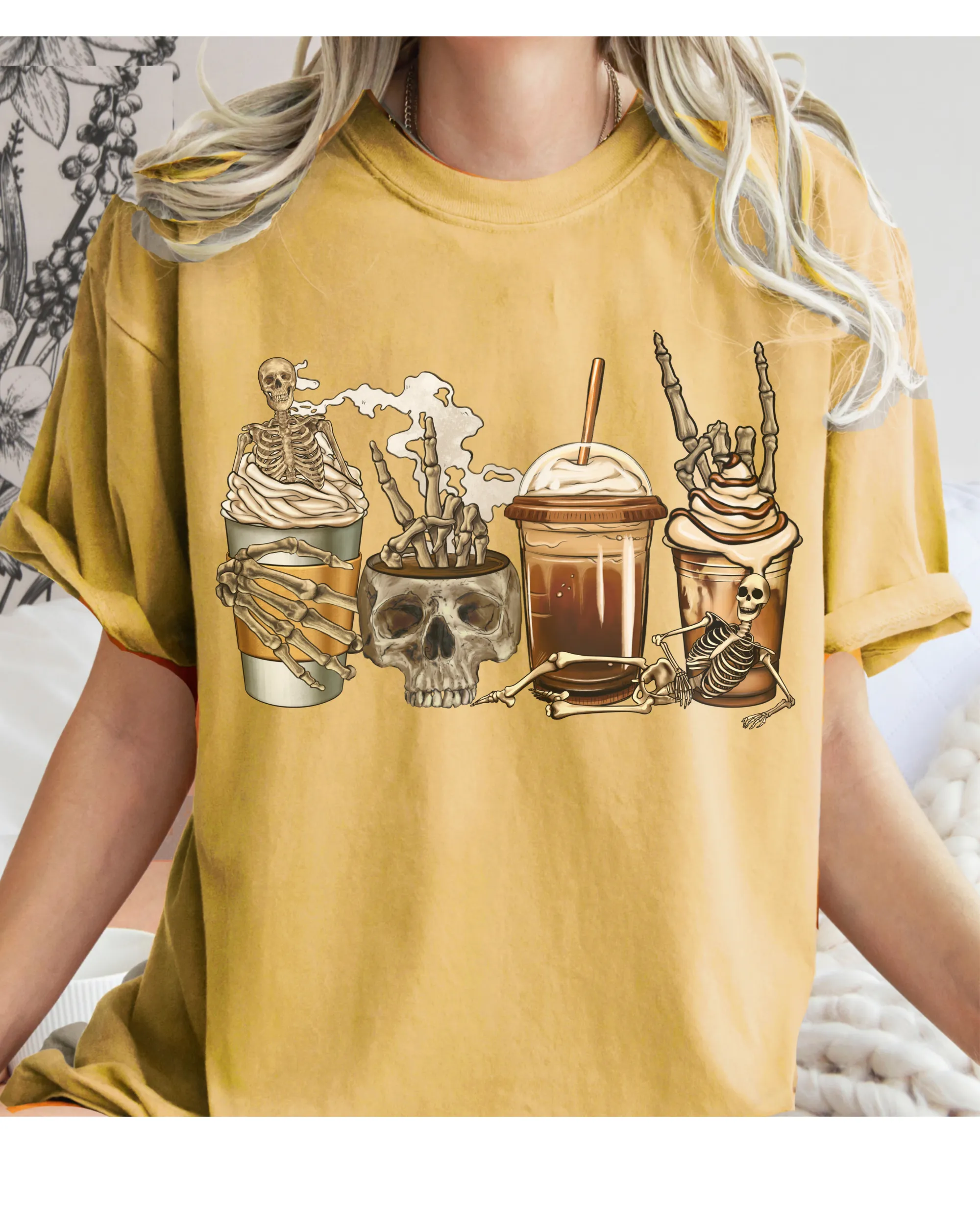 Pumpkin Spice Coffee Halloween Spooky Season Comfort Colors® Halloween T-Shirt, Women's Skeletons and Skulls T-Shirt