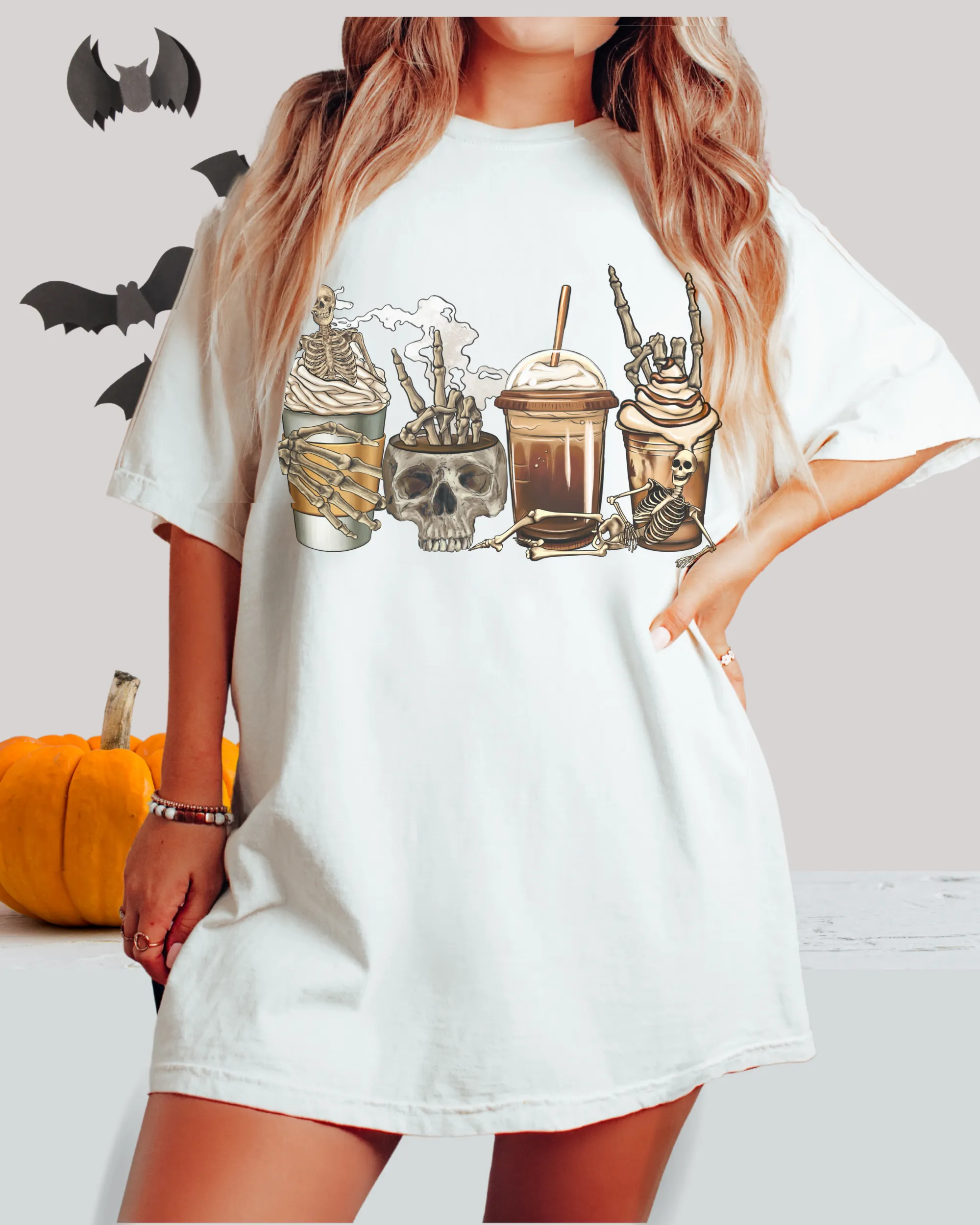 Pumpkin Spice Coffee Halloween Spooky Season Comfort Colors® Halloween T-Shirt, Women's Skeletons and Skulls T-Shirt