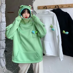 Purpdrank - Woman Kawaii Frog Hoodies Sweatshirt  Black Green Long Sleeve Korea Aesthetic Women Streetwear Vintage Couples Clothes