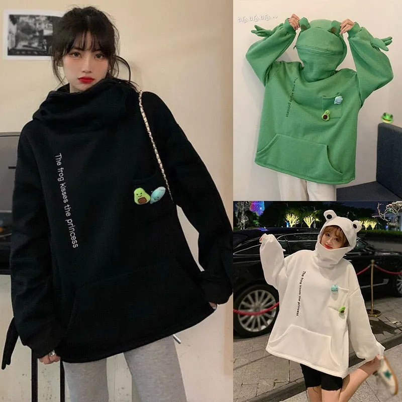 Purpdrank - Woman Kawaii Frog Hoodies Sweatshirt  Black Green Long Sleeve Korea Aesthetic Women Streetwear Vintage Couples Clothes