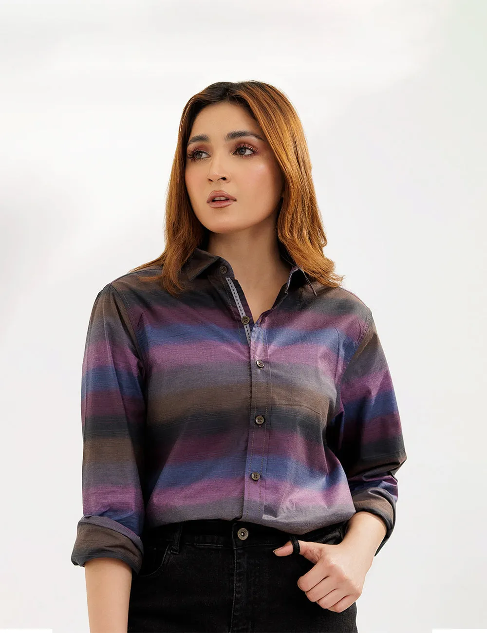 Purple & Grey Striped Cotton Women Shirt