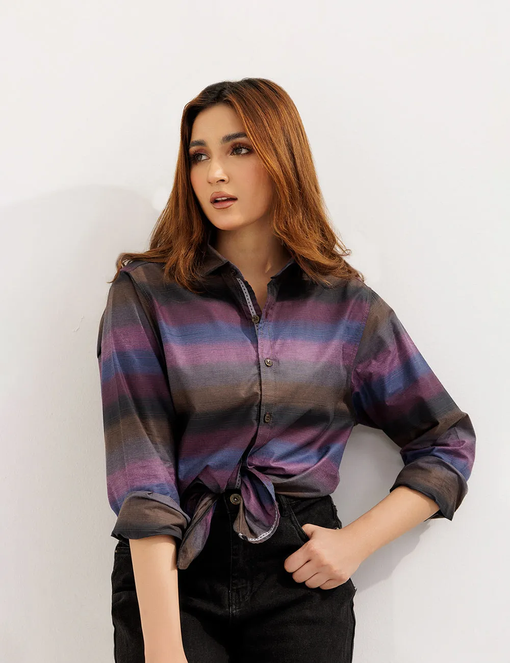 Purple & Grey Striped Cotton Women Shirt