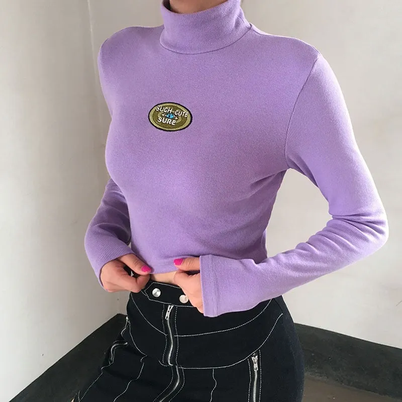 Purple Basic Embroidery Cute Kawaii Short Sleeve Turtleneck Slim Sexy Crop Top Tshirt