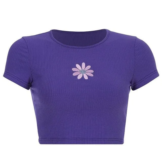 Purple Basic Embroidery Cute Kawaii Short Sleeve Turtleneck Slim Sexy Crop Top Tshirt