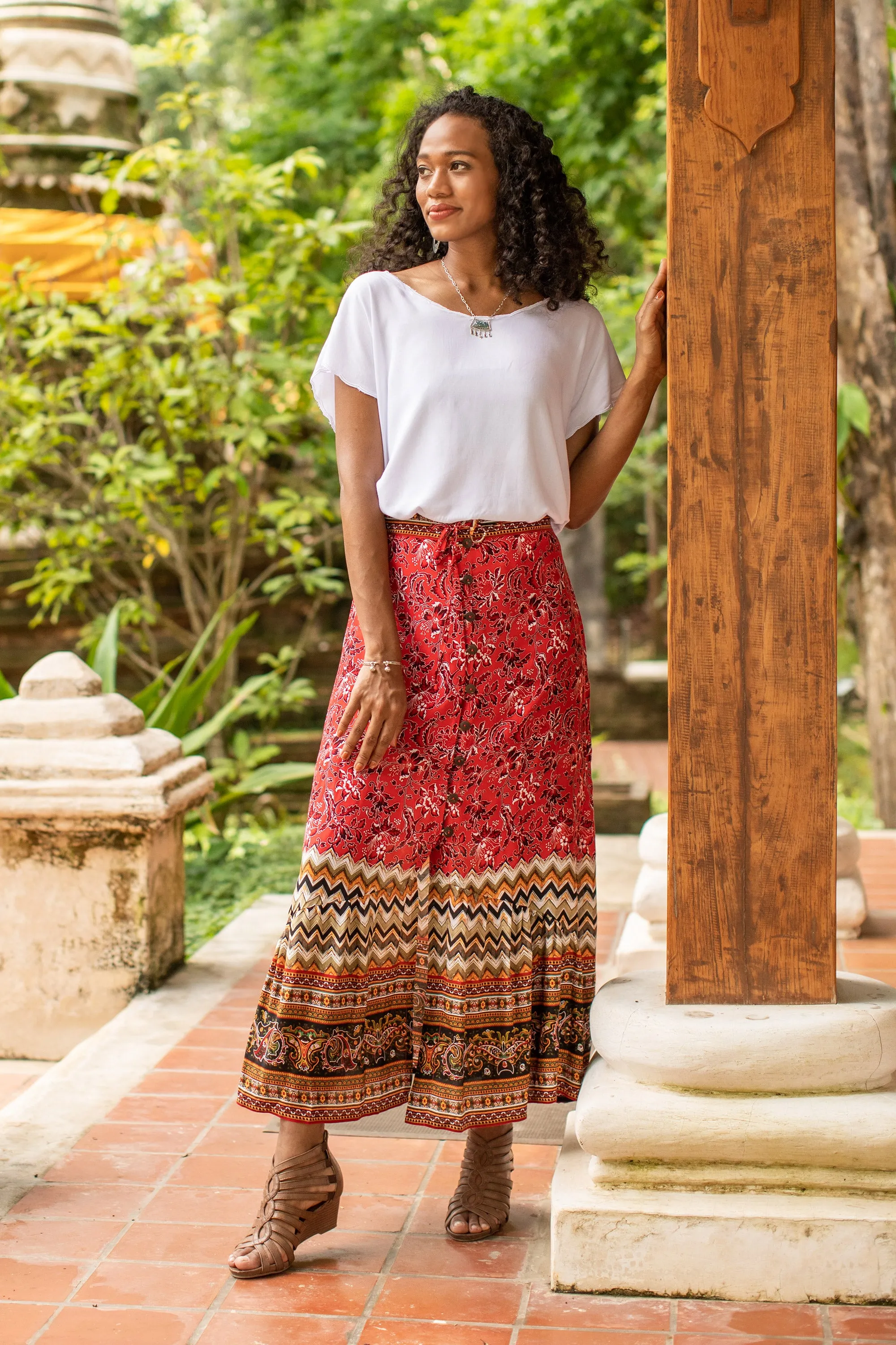 Rayon Skirt with Printed Floral Motifs from Thailand - Fantastic Floral Garden | NOVICA